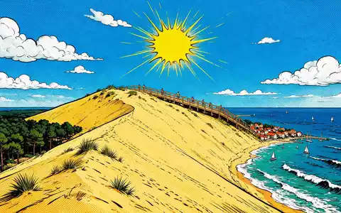 Pop-Art-Comicillustration des Wahrzeichens Dune du Pilat in La Teste-de-Buch Frankreich, kraeftige Konturen Rasterpunkte und satte - Foto: THN