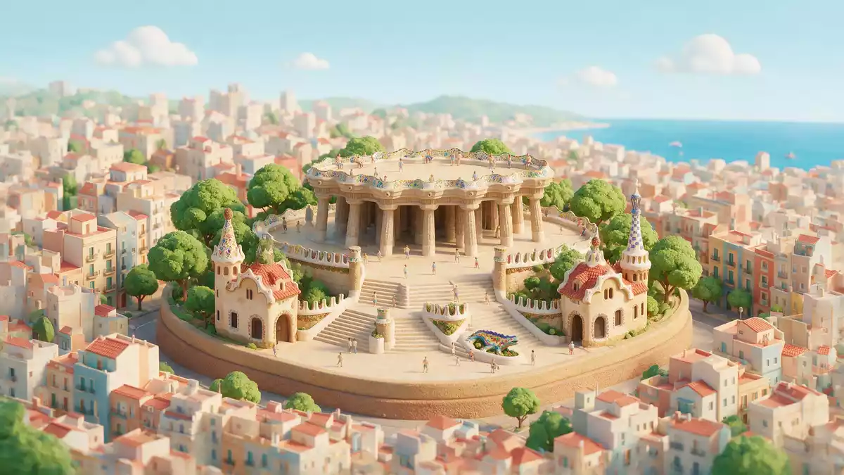 Isometrisches Diorama von Park Güell Barcelona in Barcelona, Spanien in Pastell