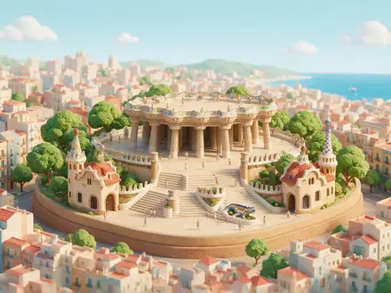 Isometrisches Diorama von Park Güell Barcelona und Umgebung in Barcelona Spanien, verspielte Low-Poly-Kulisse in Pastellfarben - Foto: THN