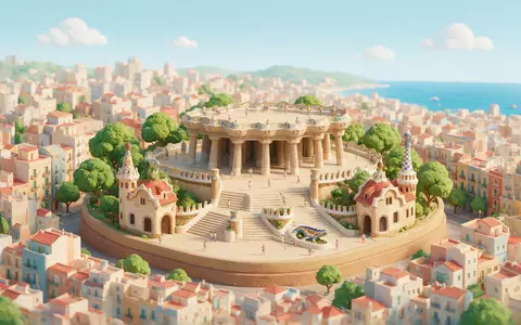 Isometrisches Diorama von Park Güell Barcelona und Umgebung in Barcelona Spanien, verspielte Low-Poly-Kulisse in Pastellfarben - Foto: THN