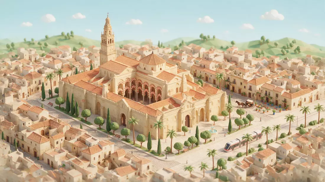 Isometrisches Diorama von Mezquita-Kathedrale Cordoba in Cordoba, Spanien in Pastell