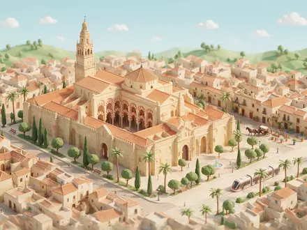 Isometrisches Diorama von Mezquita-Kathedrale Cordoba und Umgebung in Cordoba Spanien, verspielte Low-Poly-Kulisse in Pastellfarben - Foto: THN