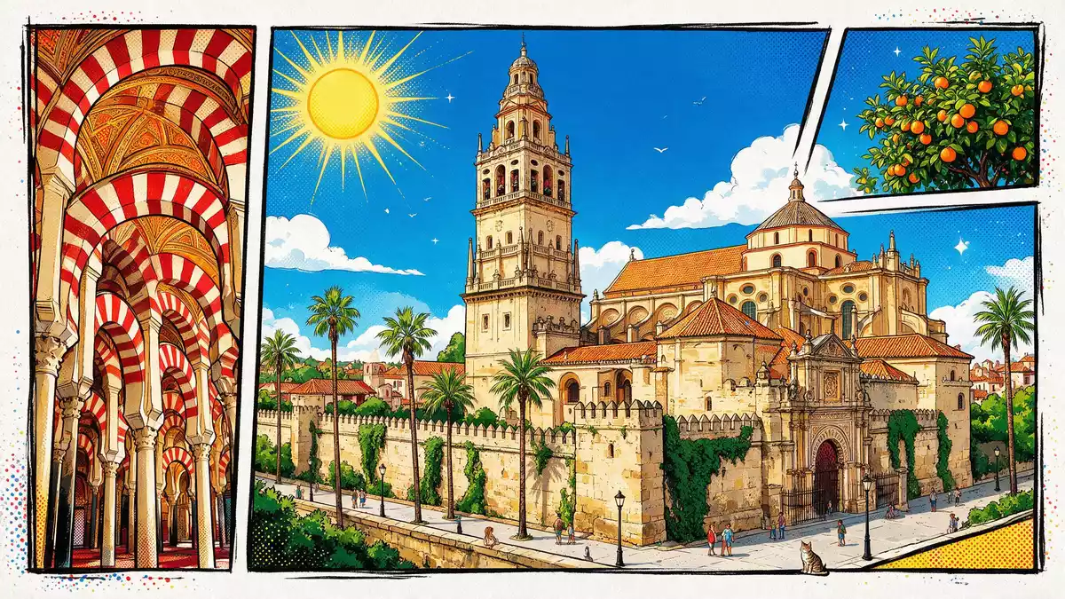 Pop-Art-Comic von Mezquita-Kathedrale Cordoba in Cordoba, Spanien mit Rasterpunkten