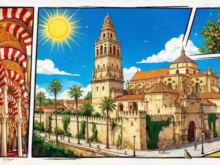 Pop-Art-Comicillustration des Wahrzeichens Mezquita-Kathedrale Cordoba in Cordoba Spanien, kraeftige Konturen Rasterpunkte und satte Farben - Foto: THN
