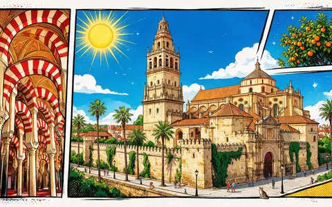 Pop-Art-Comicillustration des Wahrzeichens Mezquita-Kathedrale Cordoba in Cordoba Spanien, kraeftige Konturen Rasterpunkte und satte Farben - Foto: THN