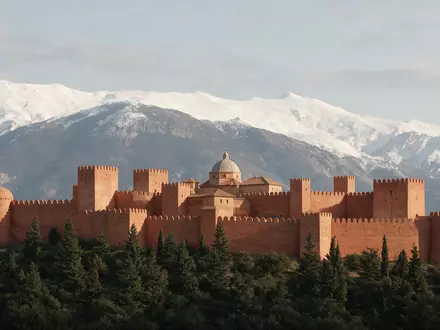 Moderner Architektur-Render zeigt Silhouette von Alhambra Granada in Granada Spanien, klare Linien und neutrales Tageslicht - Foto: THN