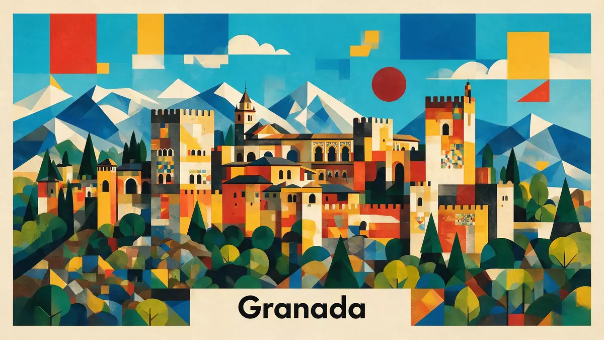 Bauhaus-Poster als Abstraktion von Alhambra Granada in Granada, Spanien