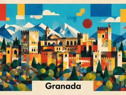 Bauhaus-Poster als geometrische Abstraktion von Alhambra Granada in Granada Spanien, kraeftige Grundfarben und harte Formkanten - Foto: THN
