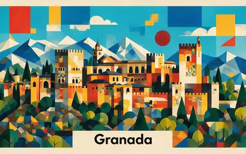Bauhaus-Poster als geometrische Abstraktion von Alhambra Granada in Granada Spanien, kraeftige Grundfarben und harte Formkanten - Foto: THN