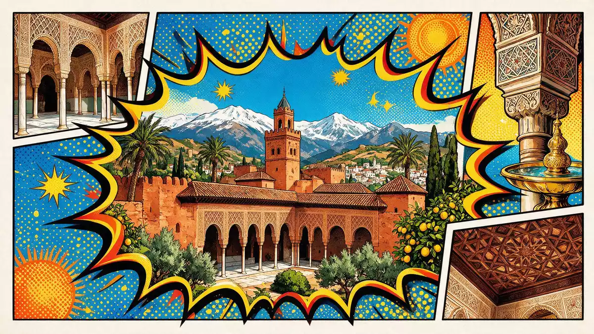 Pop-Art-Comic von Alhambra Granada in Granada, Spanien mit Rasterpunkten