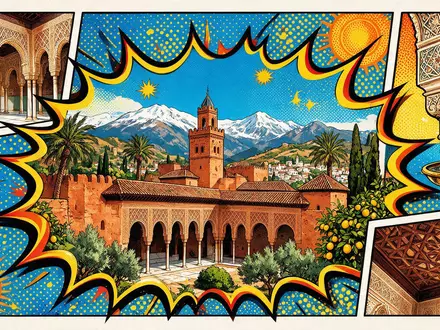 Pop-Art-Comicillustration des Wahrzeichens Alhambra Granada in Granada Spanien, kraeftige Konturen Rasterpunkte und satte Farben - Foto: THN