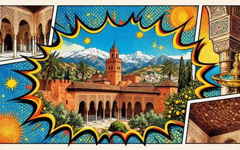 Pop-Art-Comicillustration des Wahrzeichens Alhambra Granada in Granada Spanien, kraeftige Konturen Rasterpunkte und satte Farben - Foto: THN