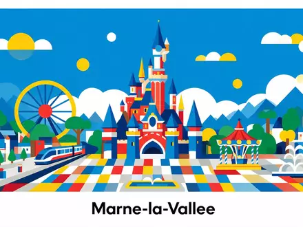 Bauhaus-Poster als geometrische Abstraktion von Disneyland Paris in Marne-la-Vallee Frankreich, kraeftige Grundfarben und harte Formkanten - Foto: THN