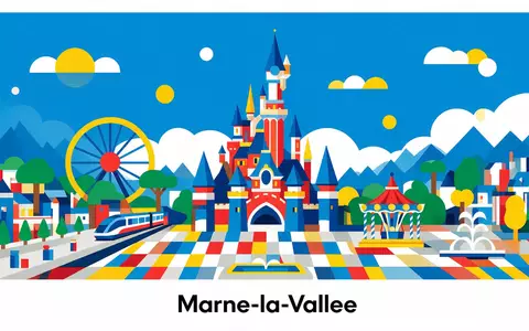 Bauhaus-Poster als geometrische Abstraktion von Disneyland Paris in Marne-la-Vallee Frankreich, kraeftige Grundfarben und harte Formkanten - Foto: THN