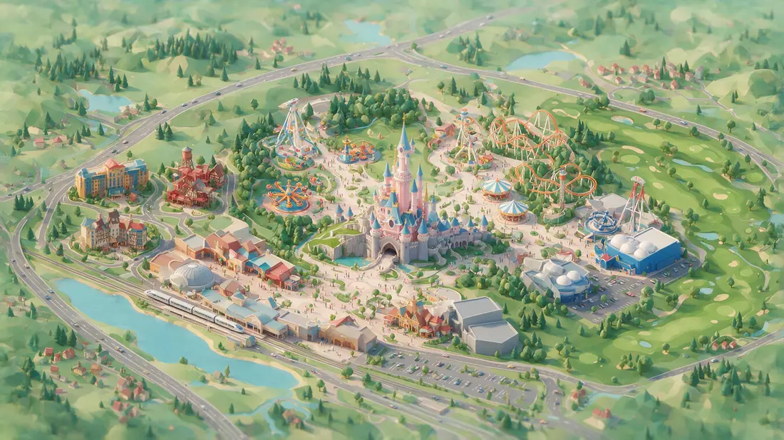 Isometrisches Diorama von Disneyland Paris in Marne-la-Vallee, Frankreich in Pastell