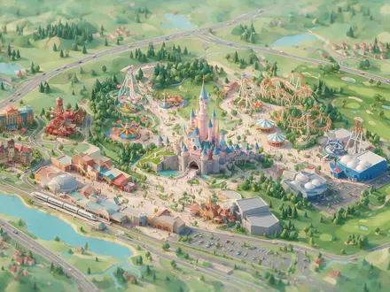 Isometrisches Diorama von Disneyland Paris und Umgebung in Marne-la-Vallee Frankreich, verspielte Low-Poly-Kulisse in Pastellfarben - Foto: THN