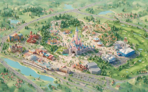 Isometrisches Diorama von Disneyland Paris und Umgebung in Marne-la-Vallee Frankreich, verspielte Low-Poly-Kulisse in Pastellfarben - Foto: THN
