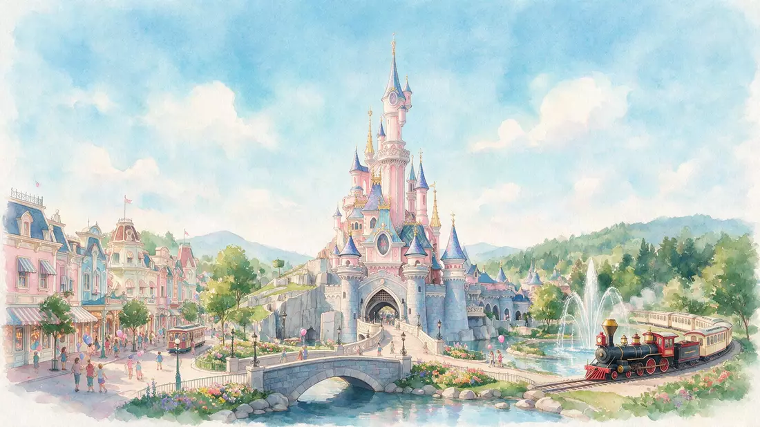 Aquarell-Illustration von Disneyland Paris in Marne-la-Vallee, Frankreich als Reiseposter