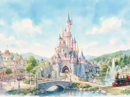 Aquarellillustration des Wahrzeichens Disneyland Paris in Marne-la-Vallee Frankreich, weiche Farbverläufe und pastelliges Reiseposter-Feeling - Foto: THN