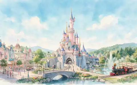 Aquarellillustration des Wahrzeichens Disneyland Paris in Marne-la-Vallee Frankreich, weiche Farbverläufe und pastelliges Reiseposter-Feeling - Foto: THN