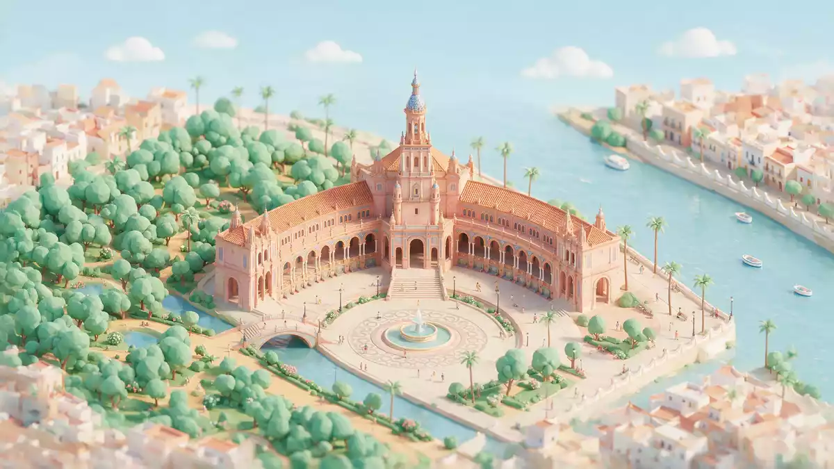 Isometrisches Diorama von Plaza de Espana Sevilla in Sevilla, Spanien in Pastell