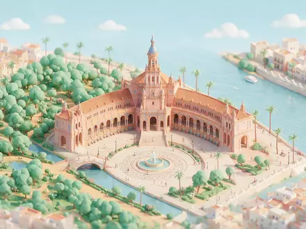 Isometrisches Diorama von Plaza de Espana Sevilla und Umgebung in Sevilla Spanien, verspielte Low-Poly-Kulisse in - Foto: THN
