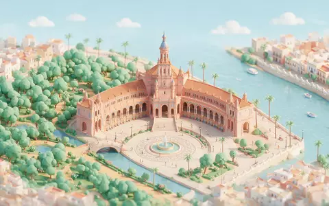 Isometrisches Diorama von Plaza de Espana Sevilla und Umgebung in Sevilla Spanien, verspielte Low-Poly-Kulisse in - Foto: THN