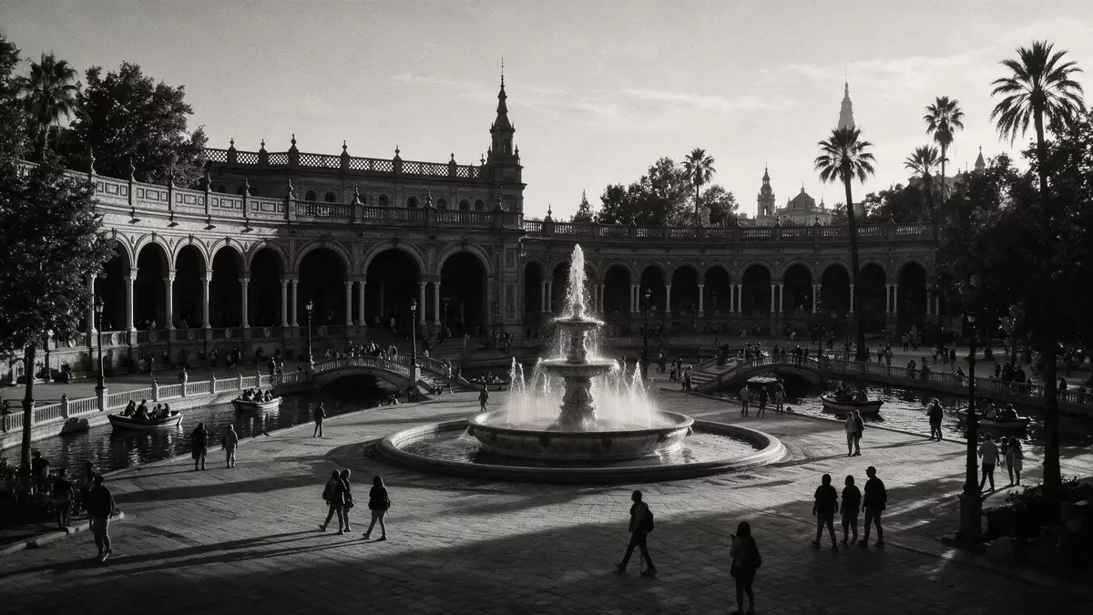 Schwarzweiss-Reportage vom Wahrzeichen Plaza de Espana Sevilla in Sevilla, Spanien