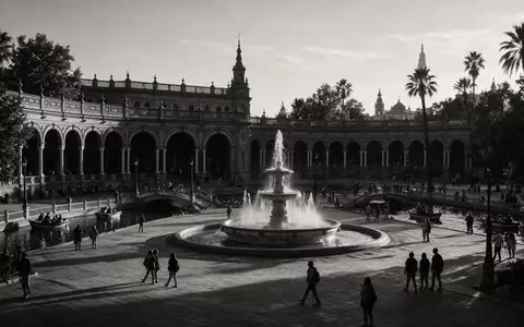 Schwarzweiss-Reportagebild vom Wahrzeichen Plaza de Espana Sevilla in Sevilla Spanien, dokumentarische Reisefotografie mit starken Kontrasten - Foto: THN