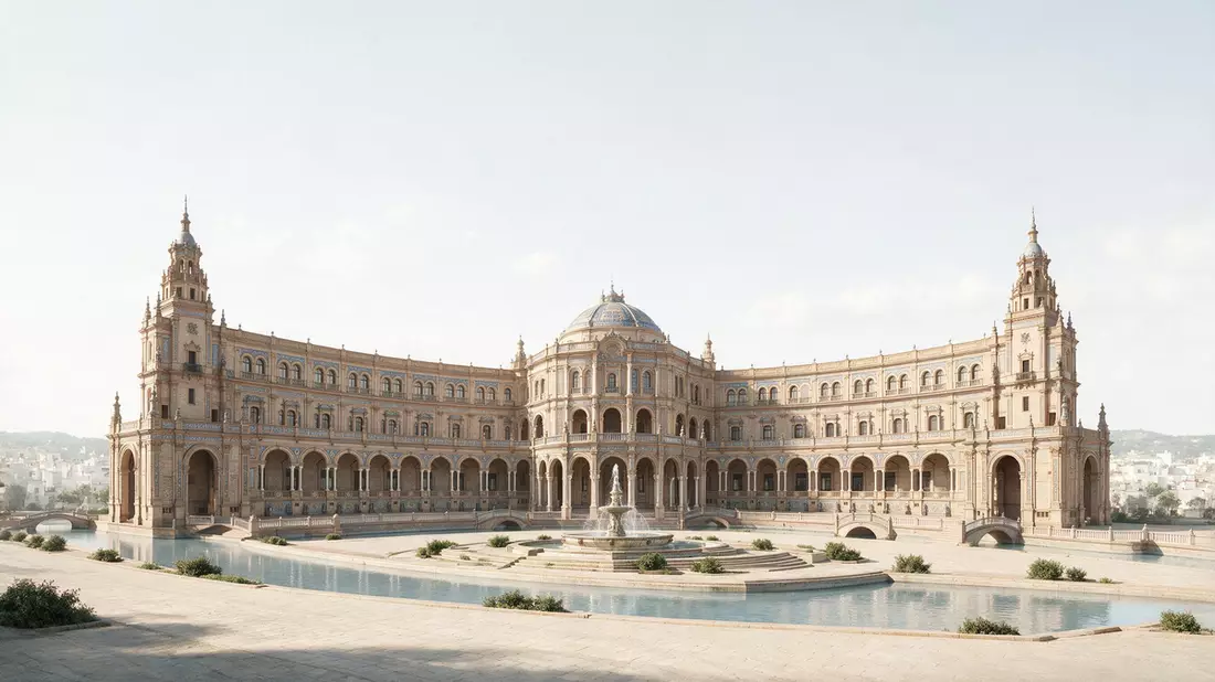 Architektur-Render von Plaza de Espana Sevilla in Sevilla, Spanien bei Tageslicht