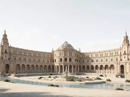 Moderner Architektur-Render zeigt Silhouette von Plaza de Espana Sevilla in Sevilla Spanien, klare Linien und - Foto: THN
