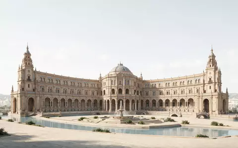 Moderner Architektur-Render zeigt Silhouette von Plaza de Espana Sevilla in Sevilla Spanien, klare Linien und - Foto: THN