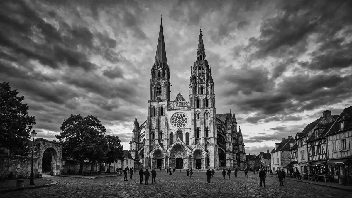 Schwarzweiss-Reportage vom Wahrzeichen Kathedrale von Chartres in Chartres, Frankreich