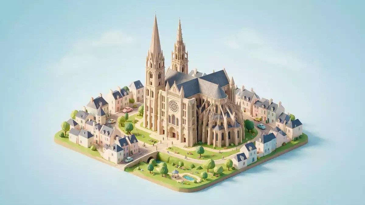 Isometrisches Diorama von Kathedrale von Chartres in Chartres, Frankreich in Pastell