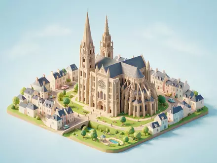 Isometrisches Diorama von Kathedrale von Chartres und Umgebung in Chartres Frankreich, verspielte Low-Poly-Kulisse in Pastellfarben - Foto: THN