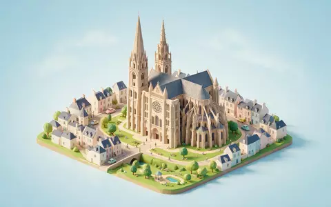 Isometrisches Diorama von Kathedrale von Chartres und Umgebung in Chartres Frankreich, verspielte Low-Poly-Kulisse in Pastellfarben - Foto: THN