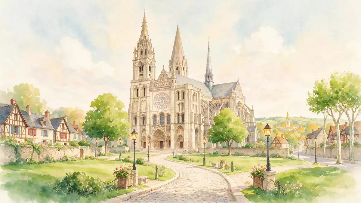 Aquarell-Illustration von Kathedrale von Chartres in Chartres, Frankreich als Reiseposter
