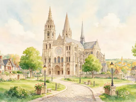 Aquarellillustration des Wahrzeichens Kathedrale von Chartres in Chartres Frankreich, weiche Farbverläufe und pastelliges Reiseposter-Feeling - Foto: THN