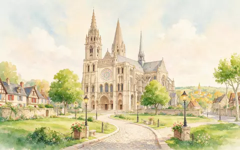 Aquarellillustration des Wahrzeichens Kathedrale von Chartres in Chartres Frankreich, weiche Farbverläufe und pastelliges Reiseposter-Feeling - Foto: THN