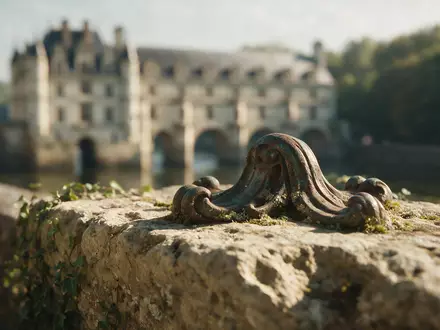 Extreme Makroaufnahme eines Materialdetails am Wahrzeichen Schloss Chenonceau in Chenonceaux Frankreich, taktile Struktur und weiches - Foto: THN