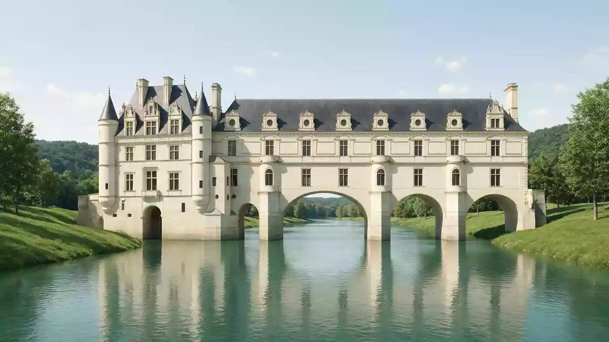 Architektur-Render von Schloss Chenonceau in Chenonceaux, Frankreich bei Tageslicht