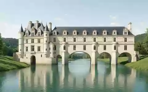 Moderner Architektur-Render zeigt Silhouette von Schloss Chenonceau in Chenonceaux Frankreich, klare Linien und neutrales Tageslicht - Foto: THN