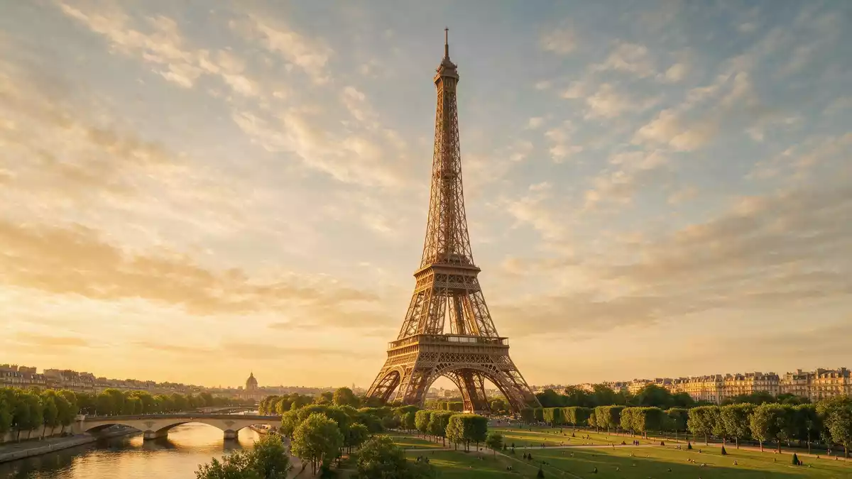 Fotorealistische Ansicht von Eiffelturm Paris in Paris, Frankreich im Abendlicht