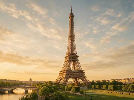 Fotorealistische Panoramaaufnahme von Eiffelturm Paris in Paris Frankreich, warmes Abendlicht auf Wahrzeichen - Foto: THN