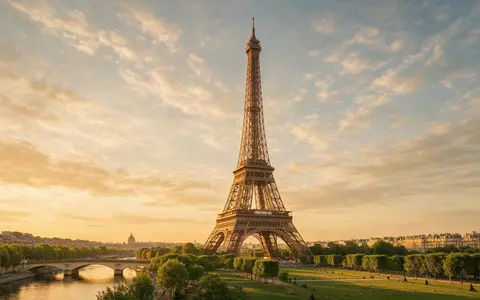 Fotorealistische Panoramaaufnahme von Eiffelturm Paris in Paris Frankreich, warmes Abendlicht auf Wahrzeichen - Foto: THN