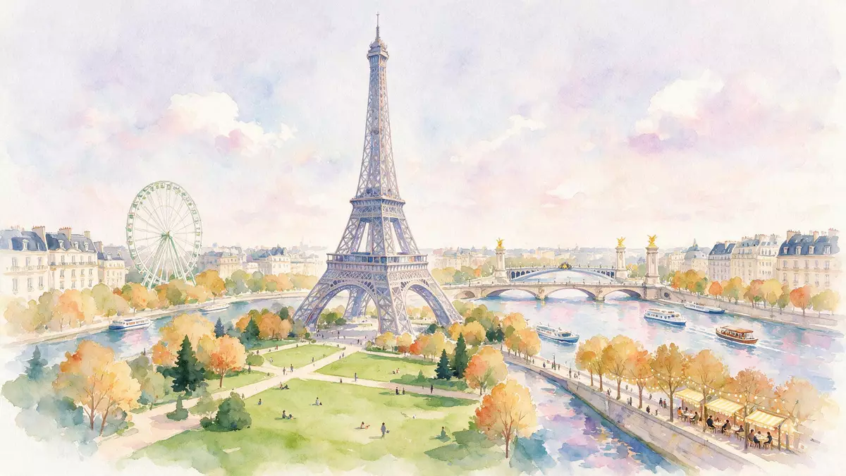 Aquarell-Illustration von Eiffelturm Paris in Paris, Frankreich als Reiseposter