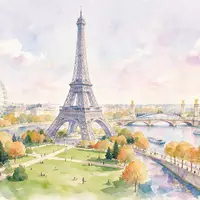 Aquarellillustration des Wahrzeichens Eiffelturm Paris in Paris Frankreich, weiche Farbverläufe und pastelliges Reiseposter-Feeling - Foto: THN