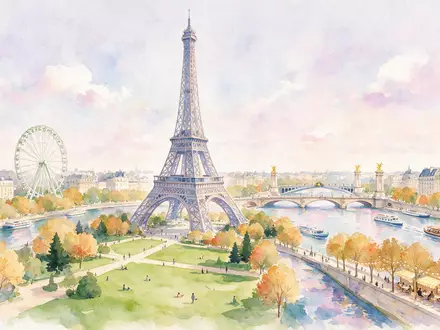 Aquarellillustration des Wahrzeichens Eiffelturm Paris in Paris Frankreich, weiche Farbverläufe und pastelliges Reiseposter-Feeling - Foto: THN