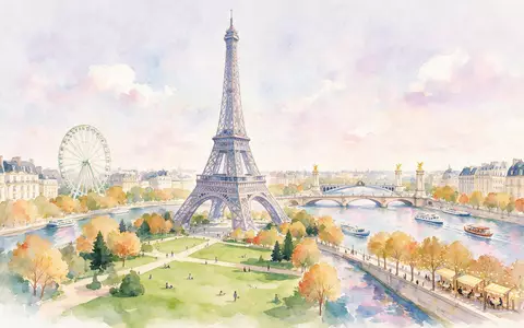 Aquarellillustration des Wahrzeichens Eiffelturm Paris in Paris Frankreich, weiche Farbverläufe und pastelliges Reiseposter-Feeling - Foto: THN