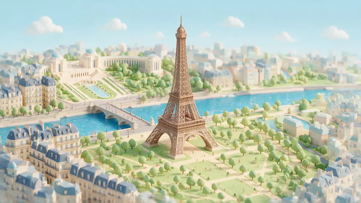 Isometrisches Diorama von Eiffelturm Paris in Paris, Frankreich in Pastell